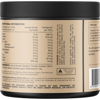 Back of Switch Nutrition Beetroot Triple Strength 150g tub showing nutritional information and ingredients.