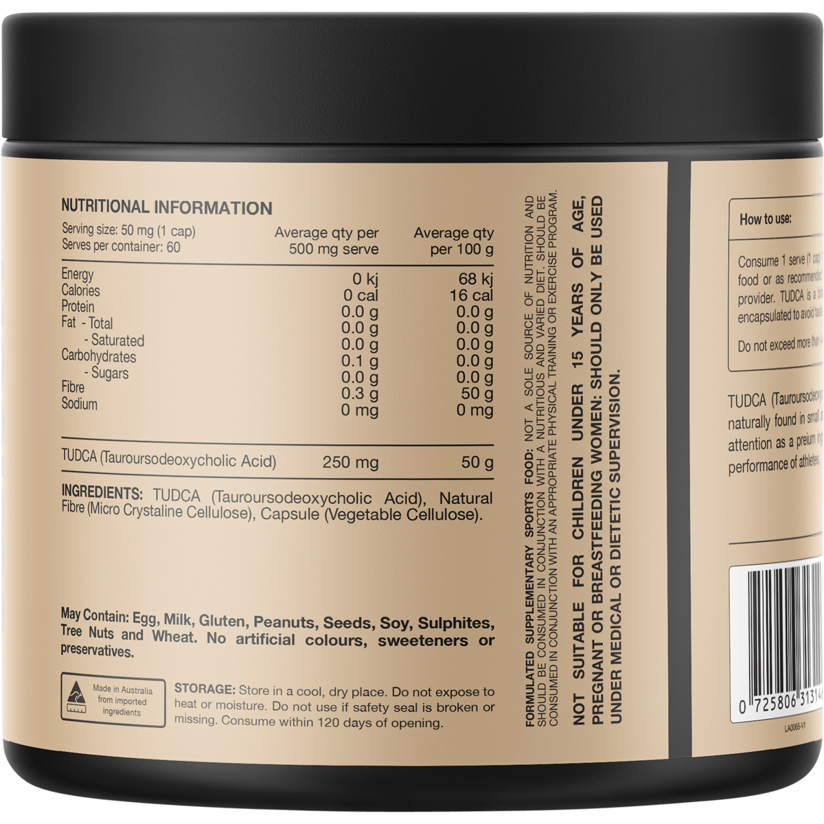 Back of a Switch Nutrition TUDCA 60 Caps bottle showing supplement facts and directions on a white and purple label.