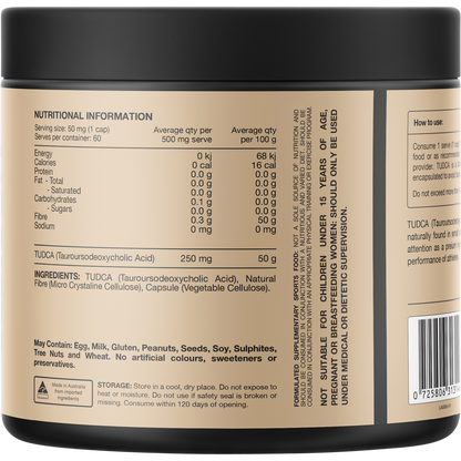 Back of a Switch Nutrition TUDCA 60 Caps bottle showing supplement facts and directions on a white and purple label.