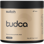 Switch Nutrition TUDCA 60 Caps bottle featuring a white and purple label for liver and digestive health support.