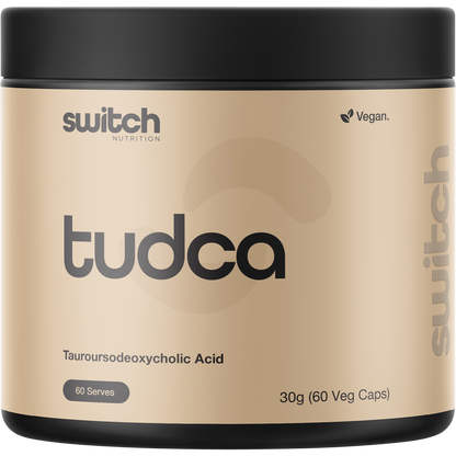 Switch Nutrition TUDCA 60 Caps bottle featuring a white and purple label for liver and digestive health support.