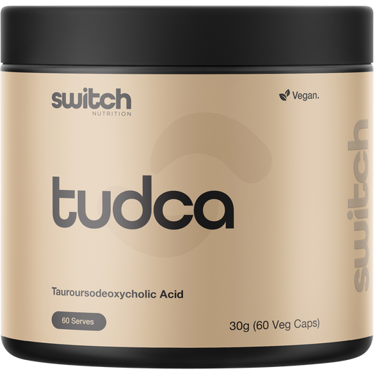 Switch Nutrition TUDCA 60 Caps bottle featuring a white and purple label for liver and digestive health support.