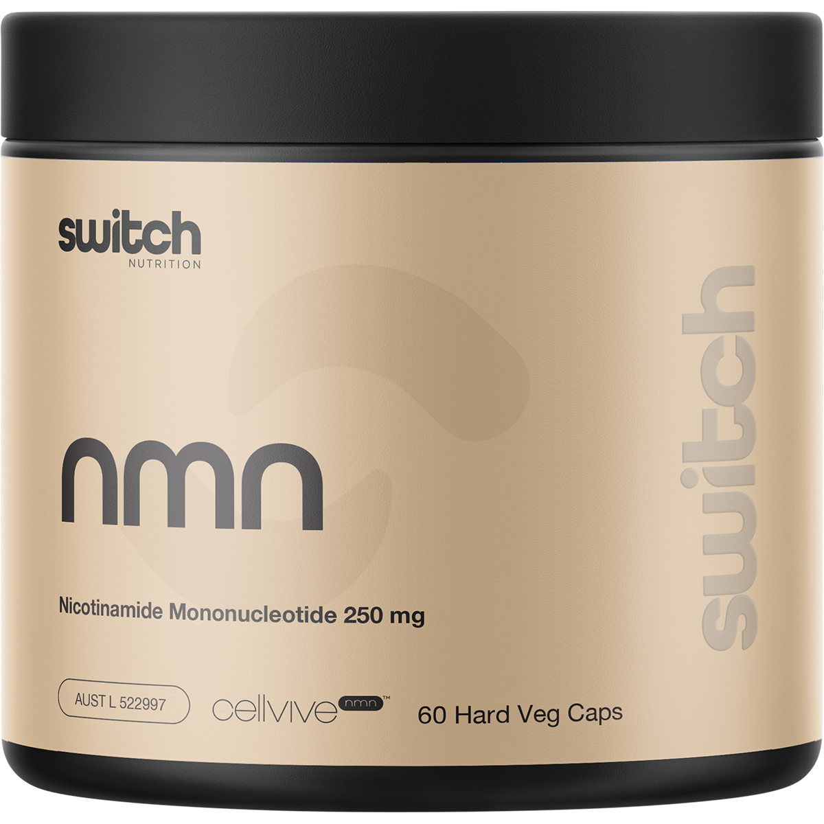 Switch Nutrition Cellvive NMN 60 vegetable capsules bottle with green and white labels on a white background.