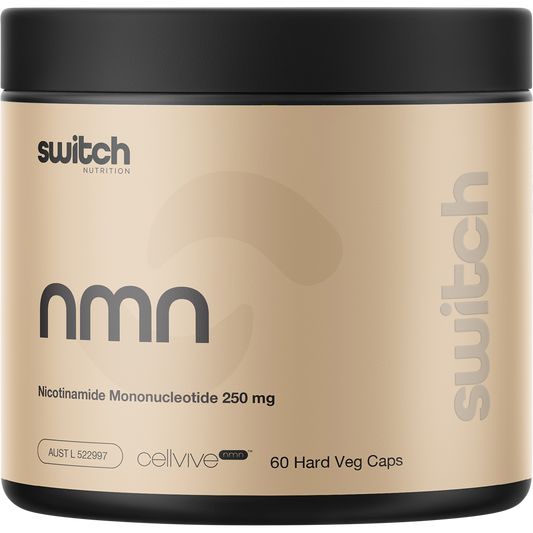 Switch Nutrition Cellvive NMN 60 vegetable capsules bottle with green and white labels on a white background.