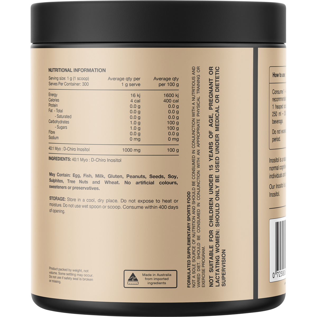 The back of a 300g tub of Switch Nutrition Inositol showing the nutrition information panel and ingredients.