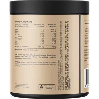 The back of a 300g tub of Switch Nutrition Inositol showing the nutrition information panel and ingredients.