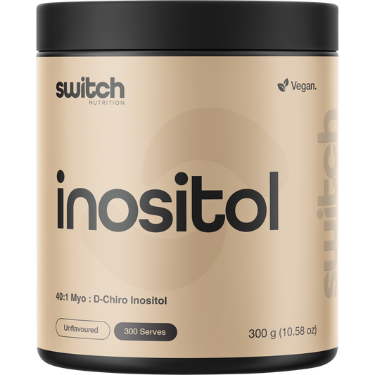 300g tub of Switch Nutrition Inositol 40:1 MYO : D-Chiro Inositol unflavoured dietary supplement powder.