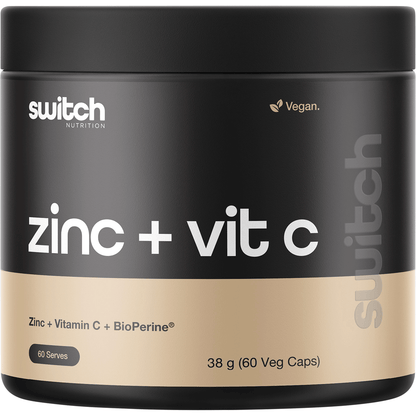 White bottle of Switch Nutrition Zinc + Vitamin C 60 Capsules with a clean, minimalist label on a white background.