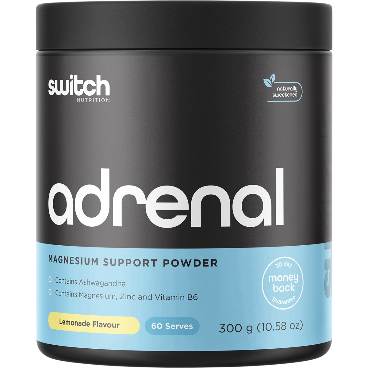 300g tub of Switch Nutrition Adrenal Magnesium Support Powder in Lemonade flavor on a white background.