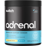 300g tub of Switch Nutrition Adrenal Magnesium Support Powder in Lemonade flavor on a white background.