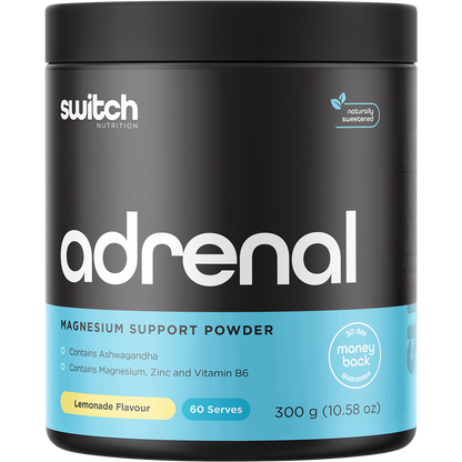 300g tub of Switch Nutrition Adrenal Magnesium Support Powder in Lemonade flavor on a white background.