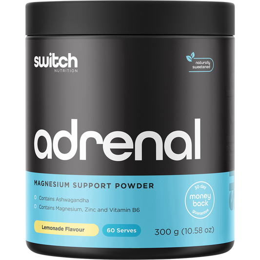 300g tub of Switch Nutrition Adrenal Magnesium Support Powder in Lemonade flavor on a white background.