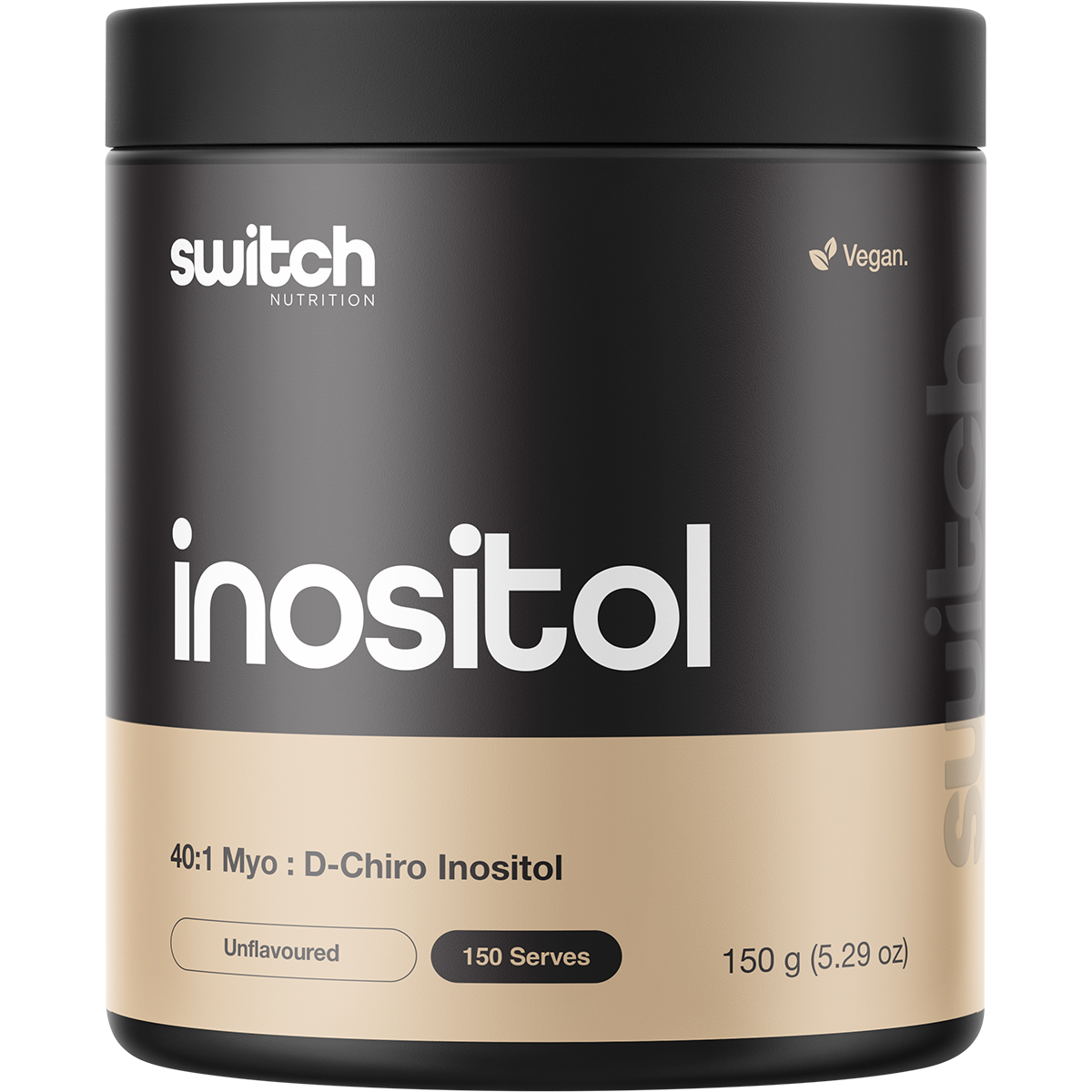 Switch Nutrition Inositol 150g tub with 40:1 ratio of Myo-Inositol to D-Chiro Inositol on a white background.