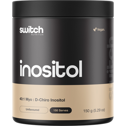 Switch Nutrition Inositol 150g tub with 40:1 ratio of Myo-Inositol to D-Chiro Inositol on a white background.