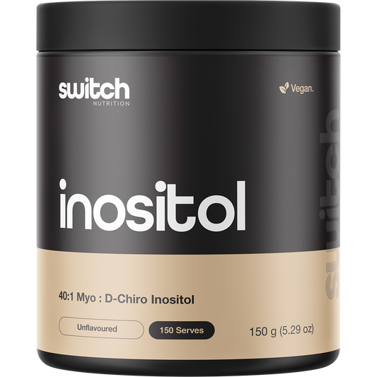 Switch Nutrition Inositol 150g tub with 40:1 ratio of Myo-Inositol to D-Chiro Inositol on a white background.