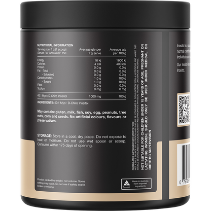 Back of Switch Nutrition Inositol 150g tub showing nutritional information and directions on a white background.