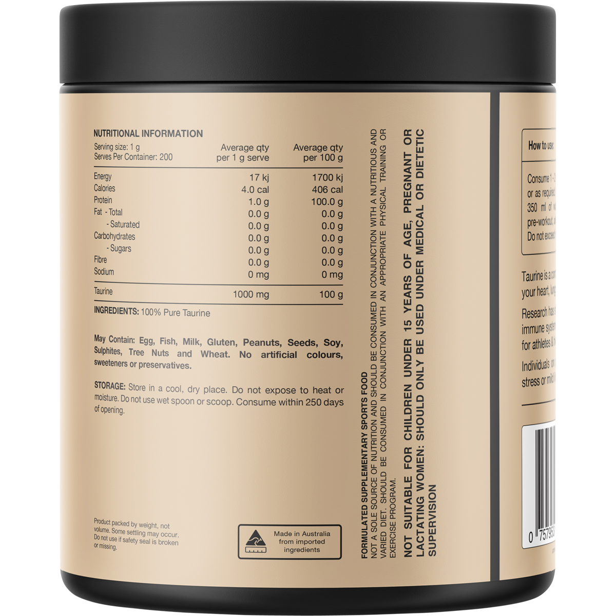 The back of a 200g Switch Nutrition Taurine tub showing nutritional information and directions for use.