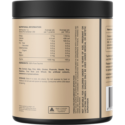 The back of a 200g Switch Nutrition Taurine tub showing nutritional information and directions for use.