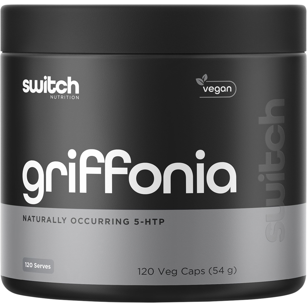 White bottle of Switch Nutrition Griffonia Naturally Occurring 5-HTP with 120 capsules for mood and sleep support.