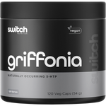 White bottle of Switch Nutrition Griffonia Naturally Occurring 5-HTP with 120 capsules for mood and sleep support.