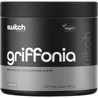 White bottle of Switch Nutrition Griffonia Naturally Occurring 5-HTP with 120 capsules for mood and sleep support.