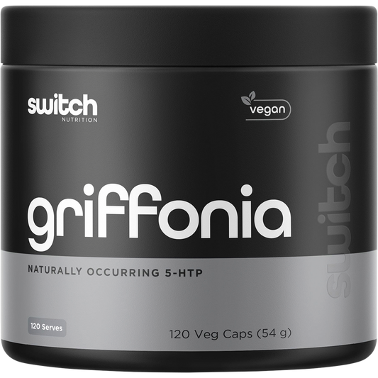 White bottle of Switch Nutrition Griffonia Naturally Occurring 5-HTP with 120 capsules for mood and sleep support.