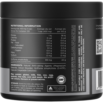 Back of the Switch Nutrition Griffonia 5-HTP bottle showing nutritional information and directions for use.