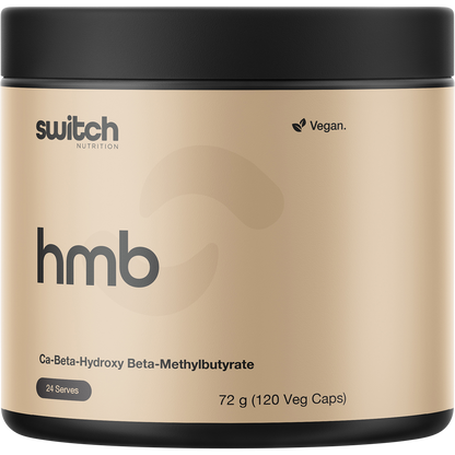 Switch Nutrition HMB Ca-Beta-Hydroxy Beta-Methylbutyrate 120 capsules bottle for muscle recovery and growth.