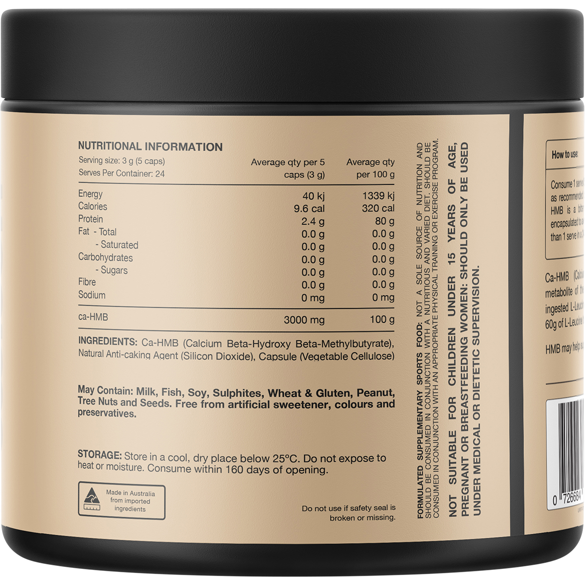 Rear view of a Switch Nutrition HMB 120 capsules bottle showing the nutritional information and directions.