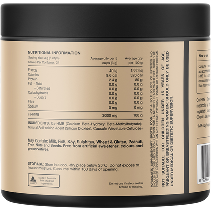Rear view of a Switch Nutrition HMB 120 capsules bottle showing the nutritional information and directions.