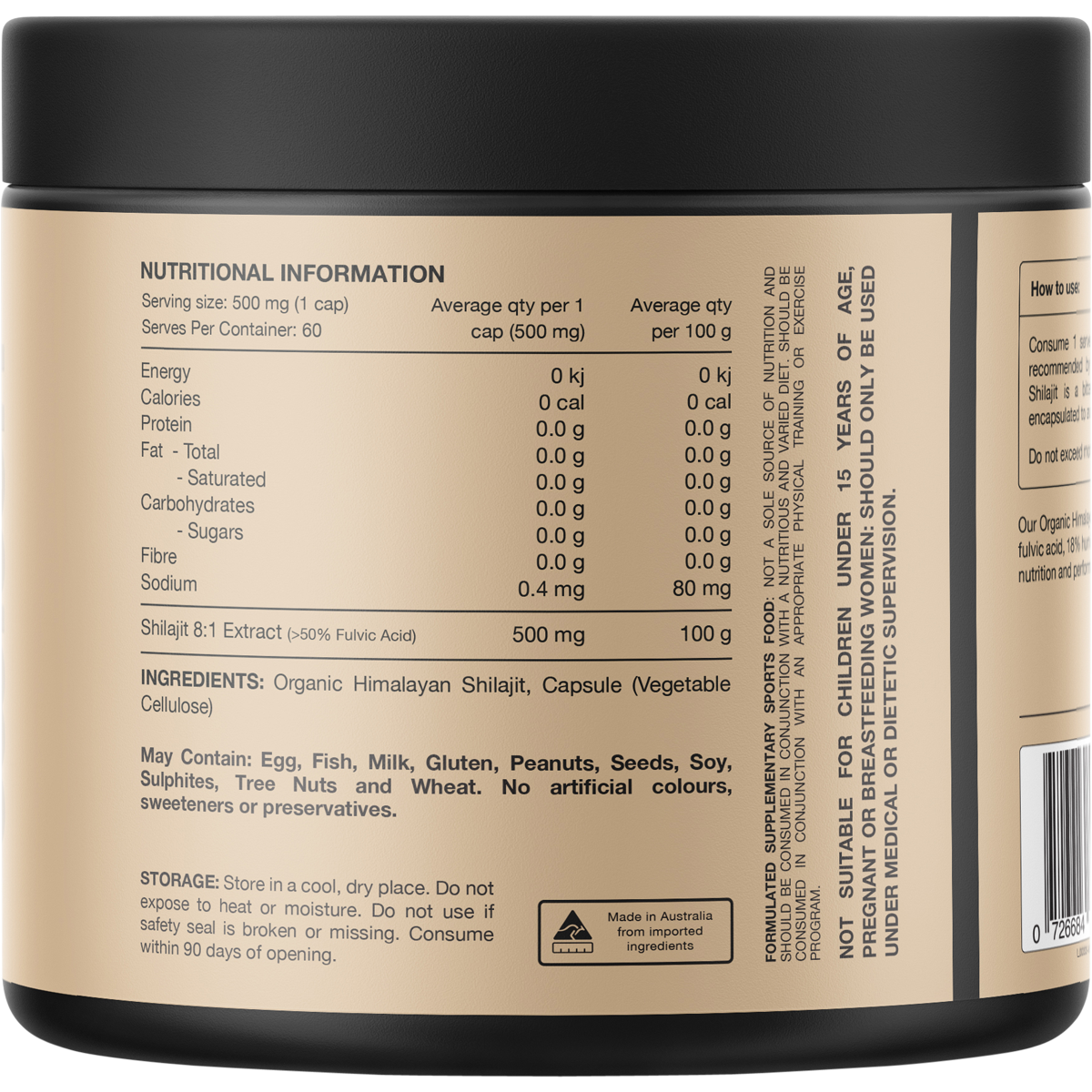 Back of the Switch Nutrition Organic Himalayan Shilajit bottle showing ingredients and nutritional information.