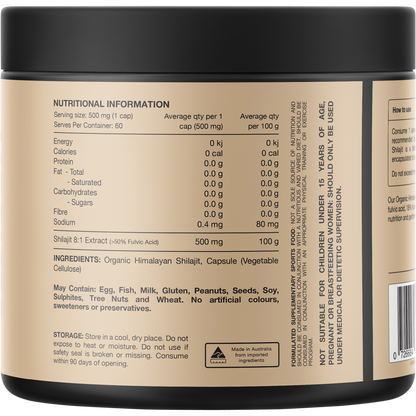 Back of the Switch Nutrition Organic Himalayan Shilajit bottle showing ingredients and nutritional information.