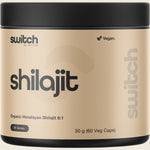 Bottle of Switch Nutrition Organic Himalayan Shilajit 8:1 containing 60 capsules on a white background.