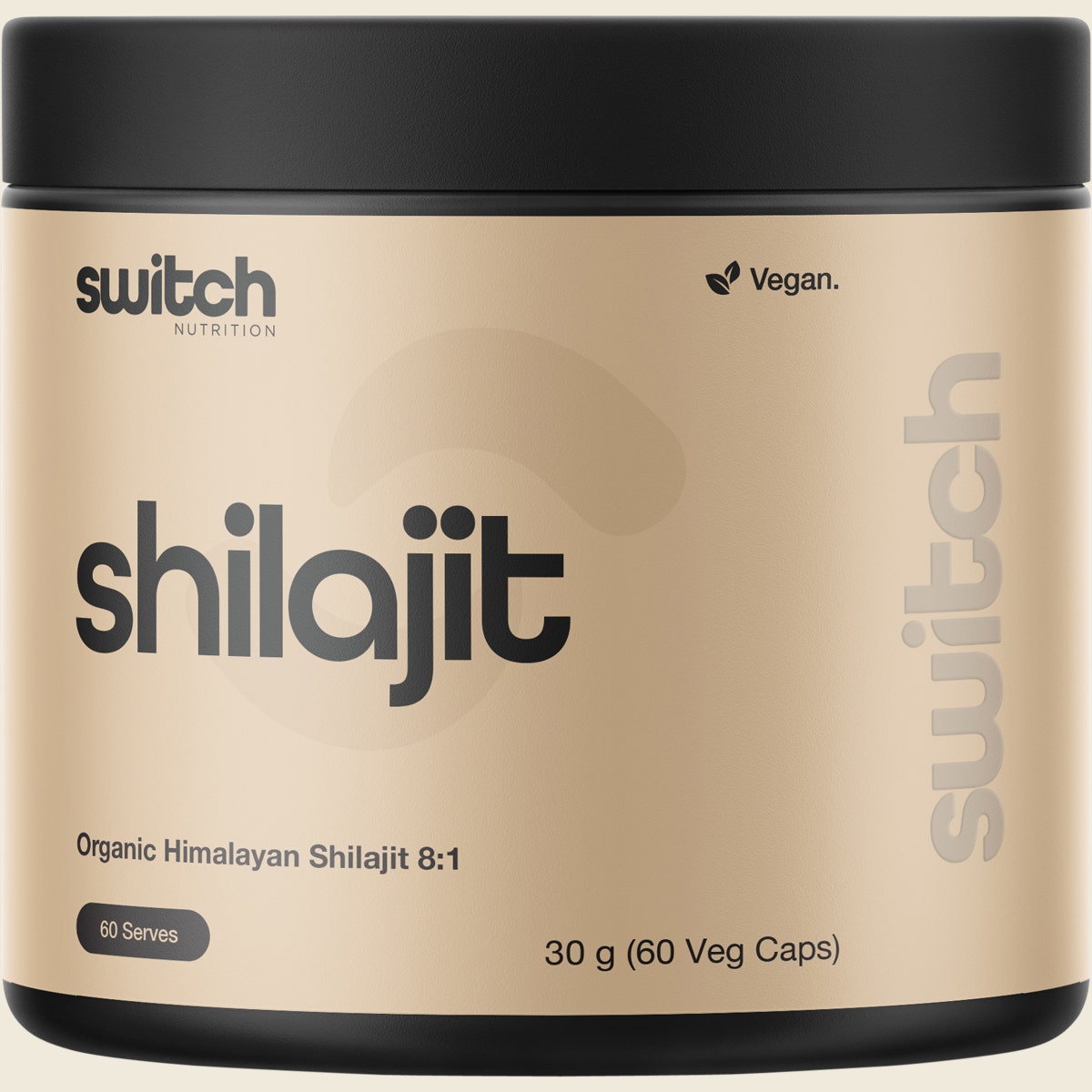 Bottle of Switch Nutrition Organic Himalayan Shilajit 8:1 containing 60 capsules on a white background.