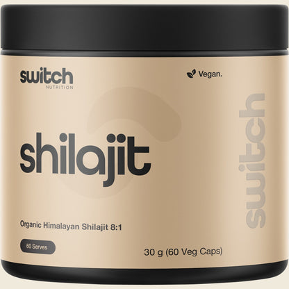 Bottle of Switch Nutrition Organic Himalayan Shilajit 8:1 containing 60 capsules on a white background.