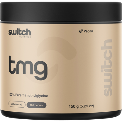 150g tub of Switch Nutrition TMG 100% Pure Trimethylglycine powder on a white background.