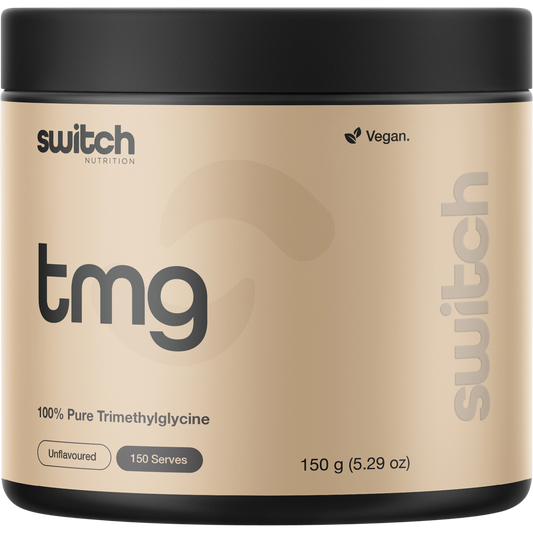 150g tub of Switch Nutrition TMG 100% Pure Trimethylglycine powder on a white background.