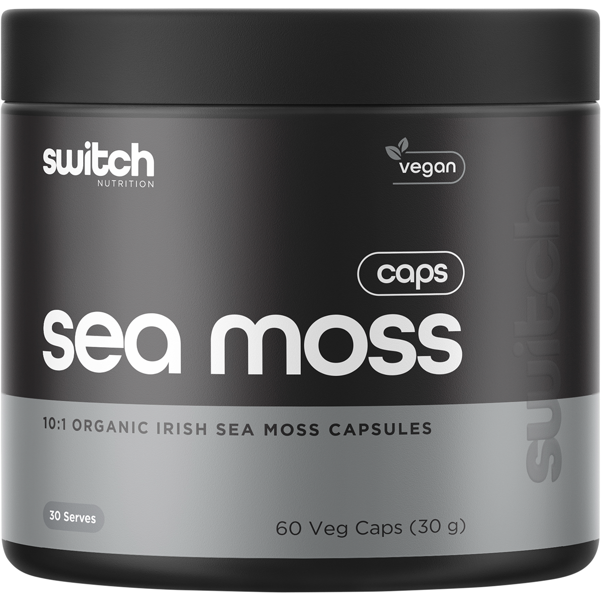 Bottle of Switch Nutrition 10:1 Organic Irish Sea Moss 60 capsules with a gold and white label on a white background.