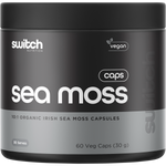 Bottle of Switch Nutrition 10:1 Organic Irish Sea Moss 60 capsules with a gold and white label on a white background.
