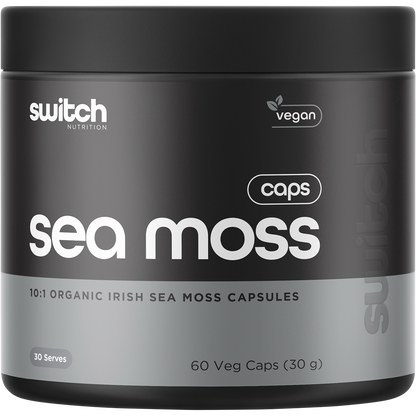 Bottle of Switch Nutrition 10:1 Organic Irish Sea Moss 60 capsules with a gold and white label on a white background.