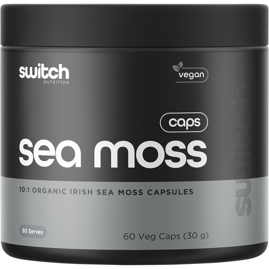 Bottle of Switch Nutrition 10:1 Organic Irish Sea Moss 60 capsules with a gold and white label on a white background.