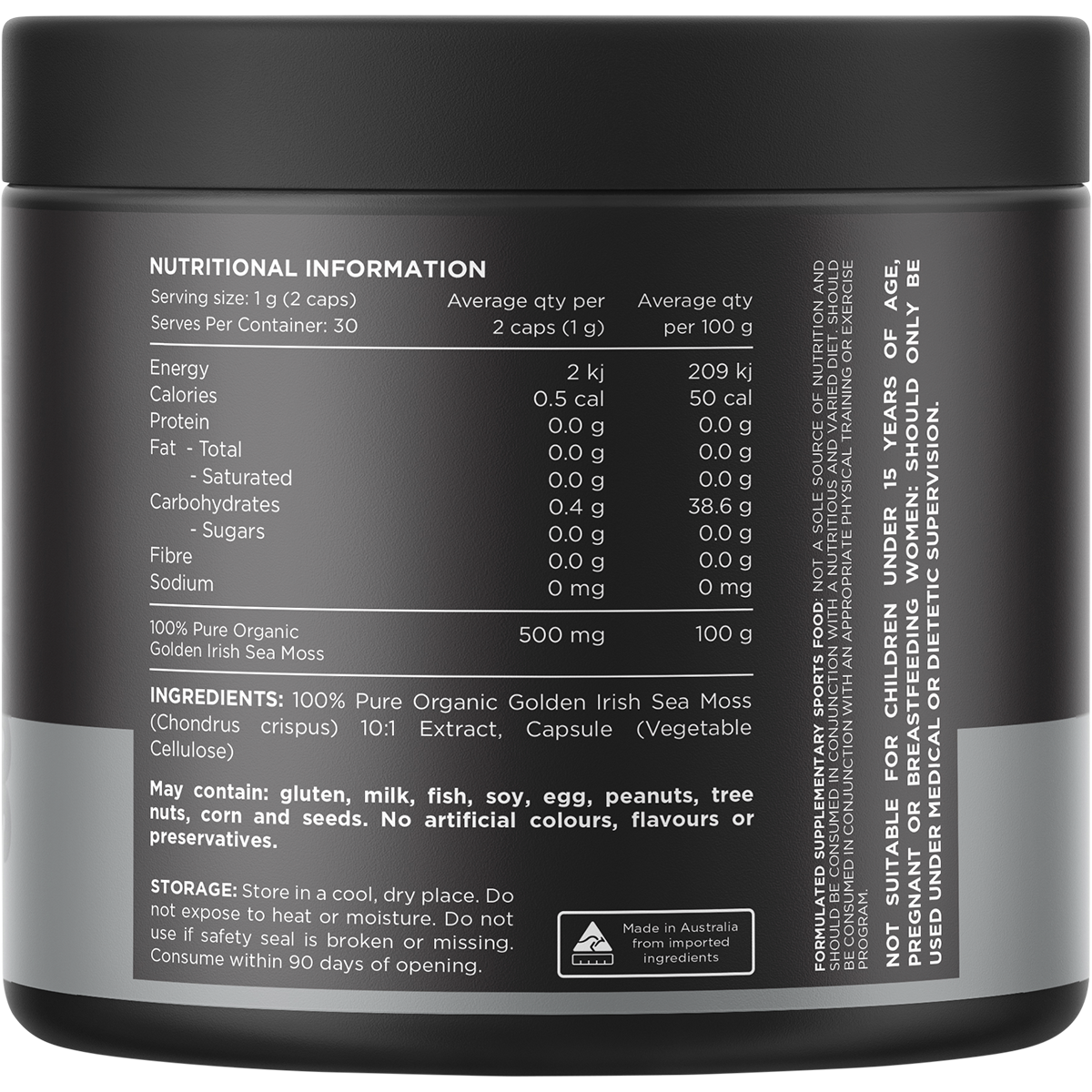 Rear view of Switch Nutrition Sea Moss capsules bottle showing nutritional information and directions on a white background.