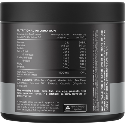 Rear view of Switch Nutrition Sea Moss capsules bottle showing nutritional information and directions on a white background.