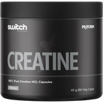 White bottle of Switch Nutrition 100% Pure Creatine HCL, 90 capsules, on a white background.