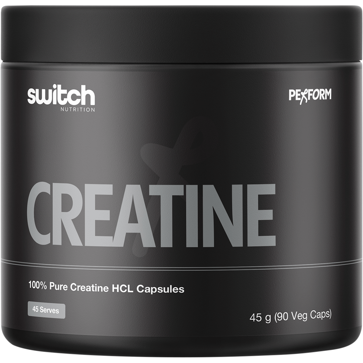 White bottle of Switch Nutrition 100% Pure Creatine HCL, 90 capsules, on a white background.