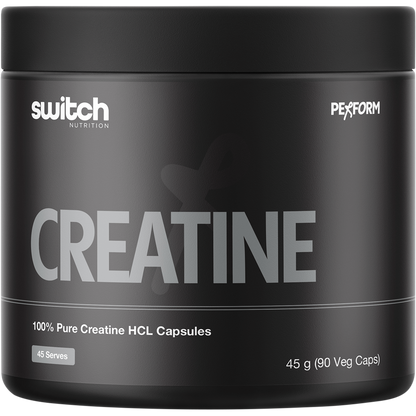 White bottle of Switch Nutrition 100% Pure Creatine HCL, 90 capsules, on a white background.