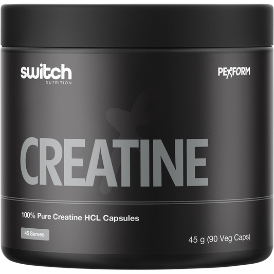 White bottle of Switch Nutrition 100% Pure Creatine HCL, 90 capsules, on a white background.