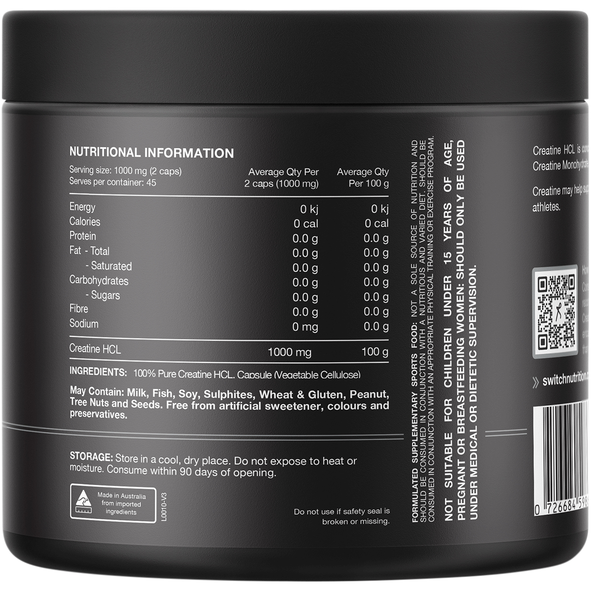 Back of Switch Nutrition 100% Pure Creatine HCL 90 capsules bottle showing ingredients and directions on a white background.