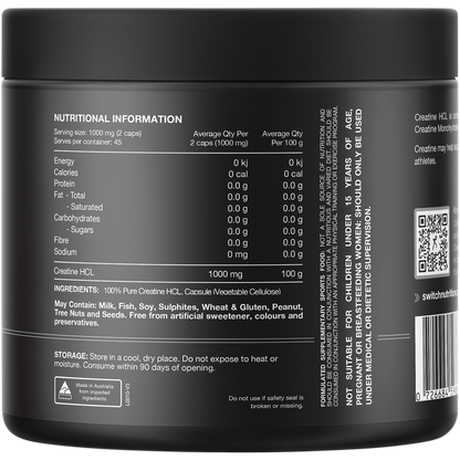 Back of Switch Nutrition 100% Pure Creatine HCL 90 capsules bottle showing ingredients and directions on a white background.
