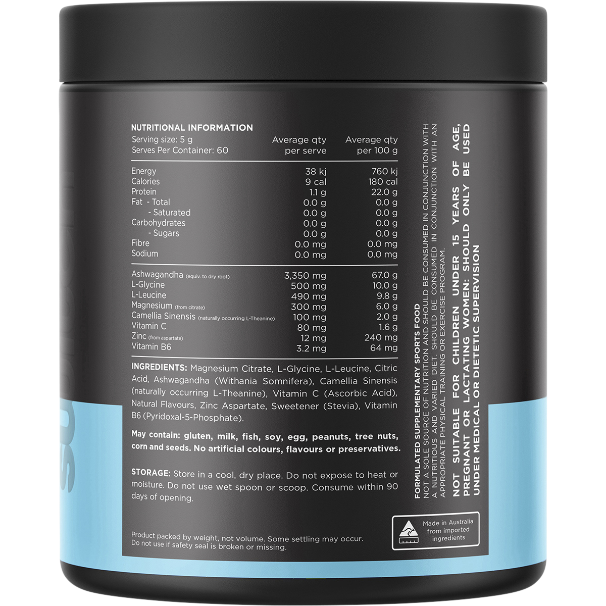 Back of a 300g tub of Switch Nutrition Adrenal Magnesium Support Powder in Lemonade flavor with nutrition information.